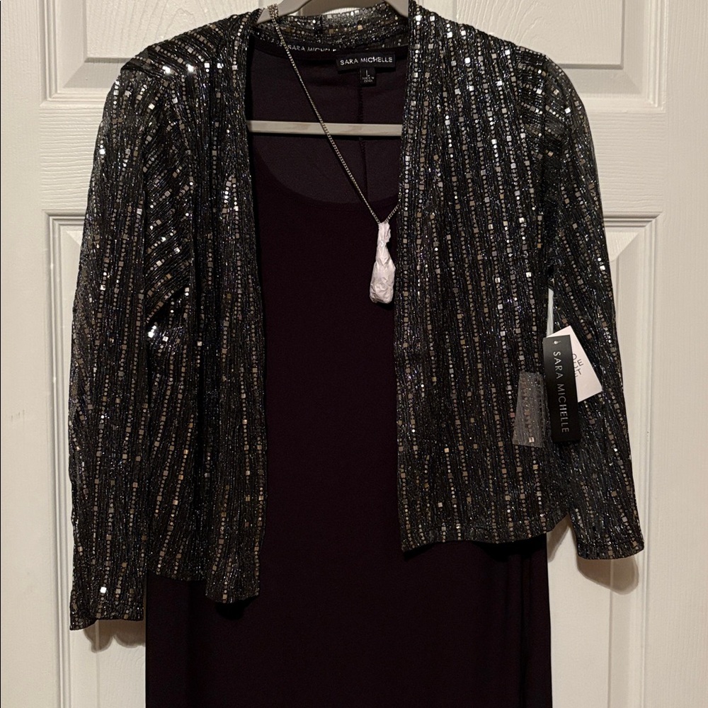 NWT Maxi dress & jacket;sparkling jacket over tank dress,necklace Silver/Black,L - Picture 12 of 12